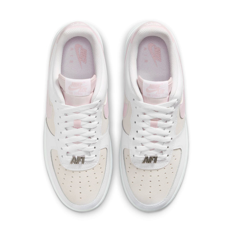 Women's Air Force 1 sneakers, white with lilac lining, top view of laces