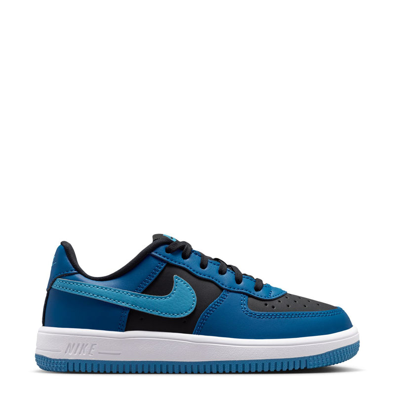Kids Nike Air Force 1 sneakers, blue and black upper with white sole