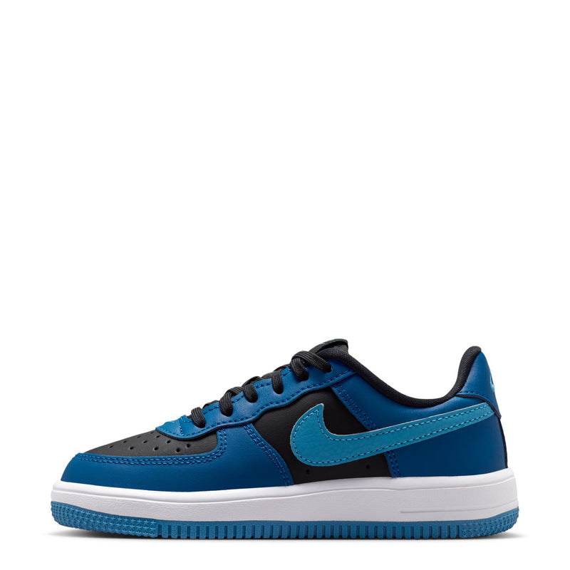 Kids Nike Air Force 1 sneakers side view, blue upper with black swoosh and laces