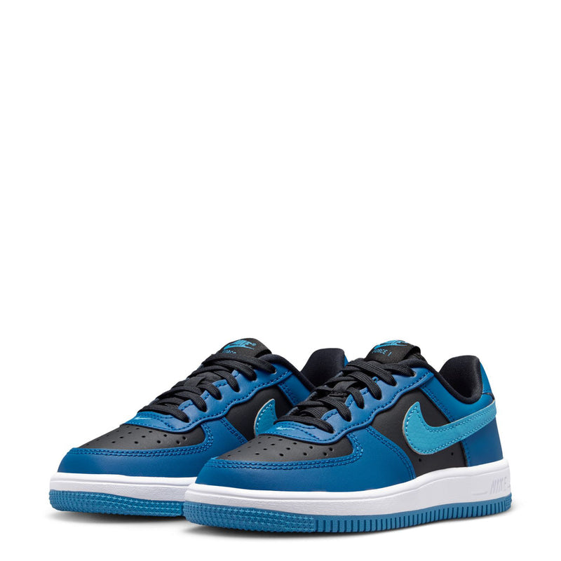 Kids Nike Air Force 1 sneakers, pair view with blue panels, black accents, white midsoles
