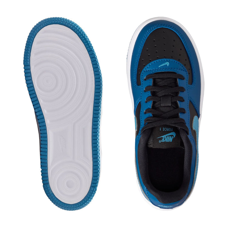 Kids Nike Air Force 1 shoe bottom and inner sole, white footbed with blue edge