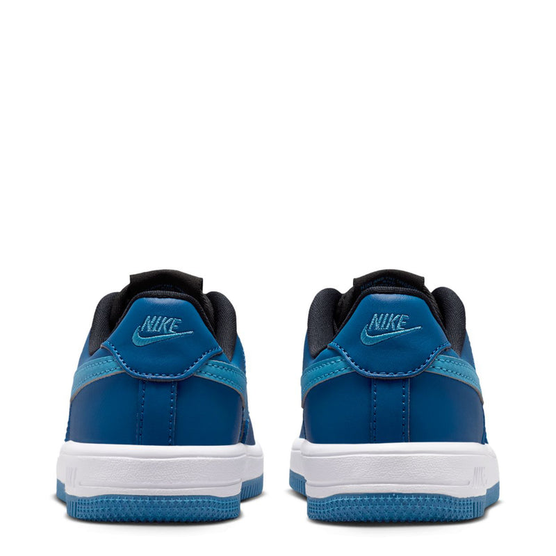 Kids Nike Air Force 1 sneakers, heel view with blue lining and white midsole