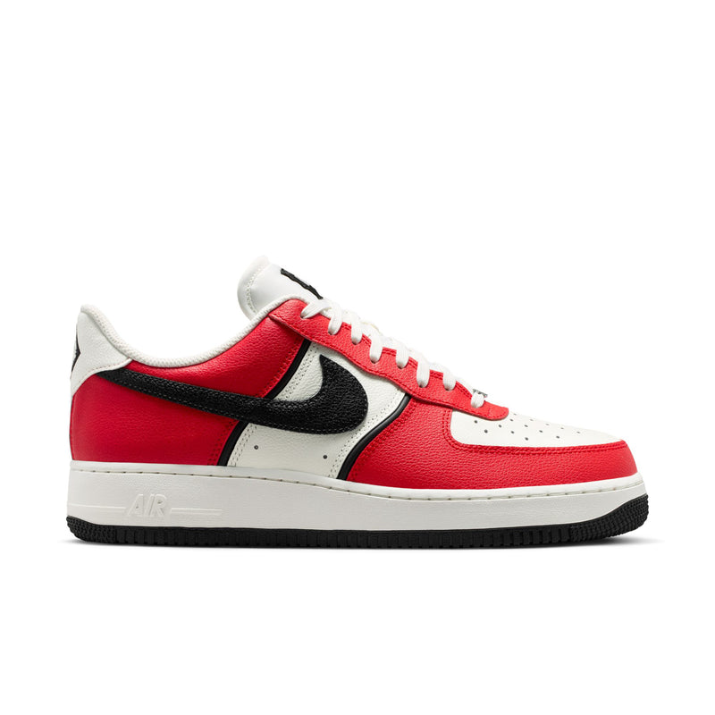 Men's low-top sneakers in red, black, and white with black swoosh and white laces