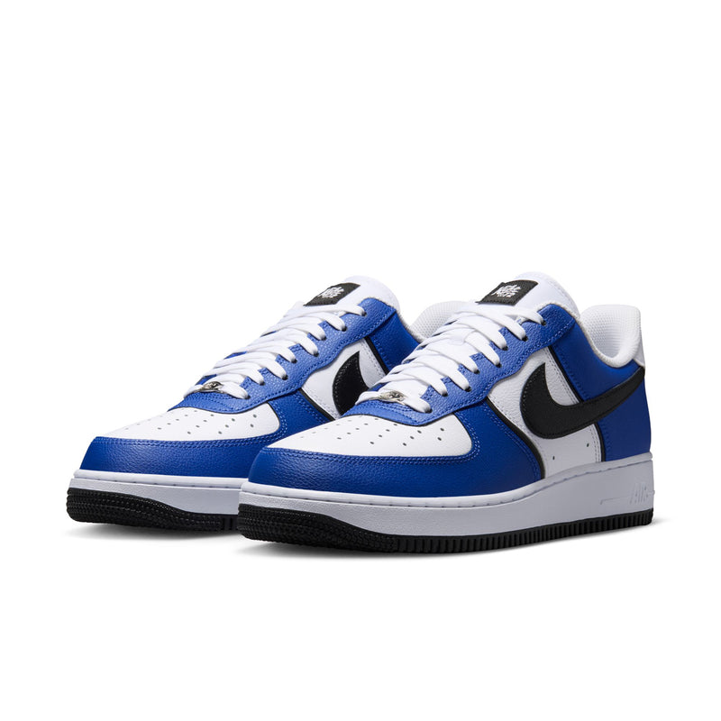 Nike Air Force 1 Low men's sneakers pair in blue and white with black swooshes.