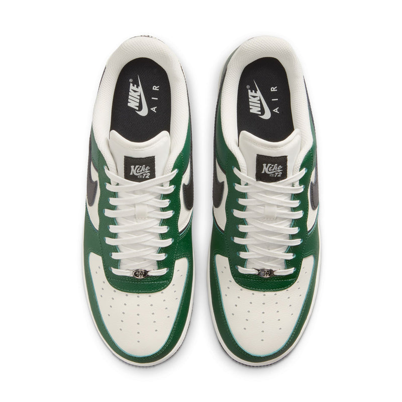 Men's Nike Air Force 1 Low sneakers, top view with green panels and lace-up