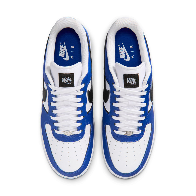 Nike Air Force 1 Low men's sneakers top view with blue tongues and white laces.