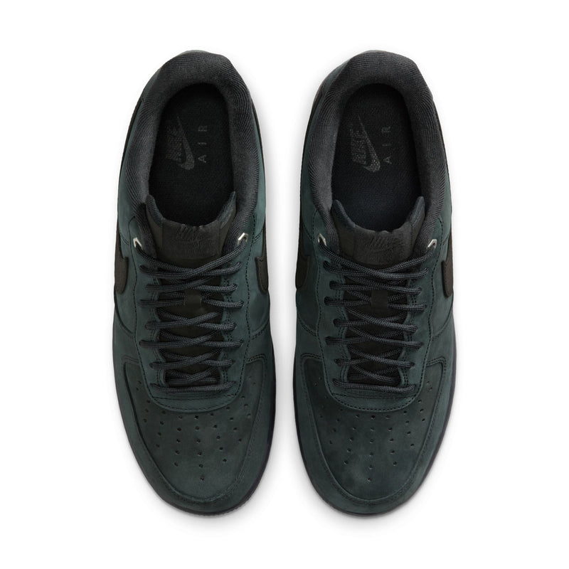 Men's Nike Air Force 1 Low sneakers, top view of dark green suede uppers