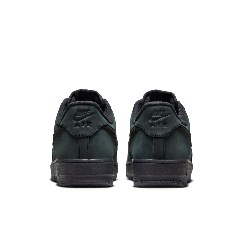 Men's Nike Air Force 1 Low sneakers, heel view with dark green suede and black trim