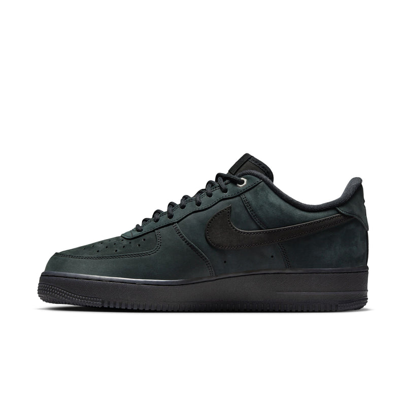 Men's Nike Air Force 1 Low sneakers, side view of dark green suede upper