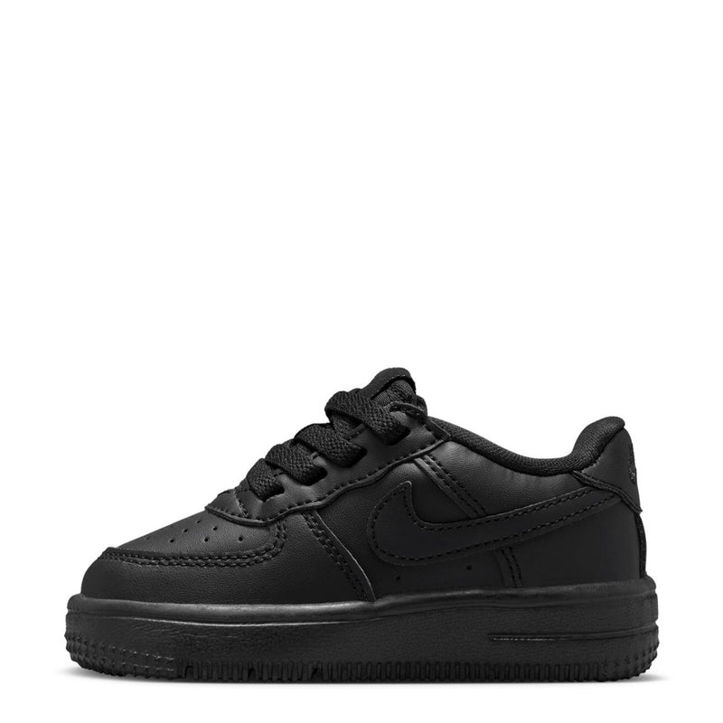 Toddler black low-top sneakers with side swoosh and lace-up upper