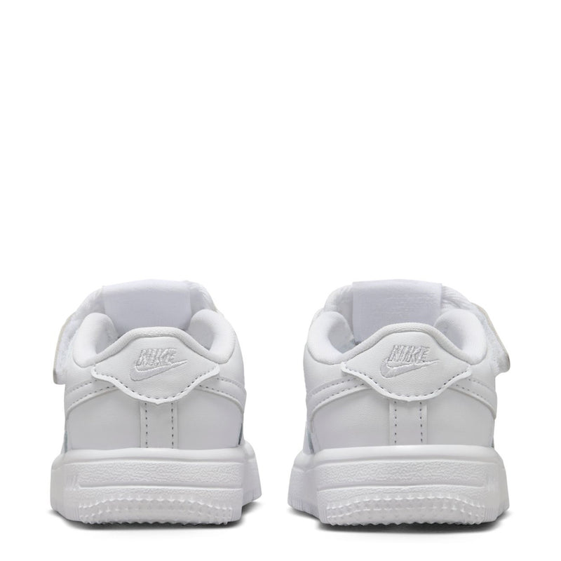 White toddler sneaker heels with Nike Air label and padded collar
