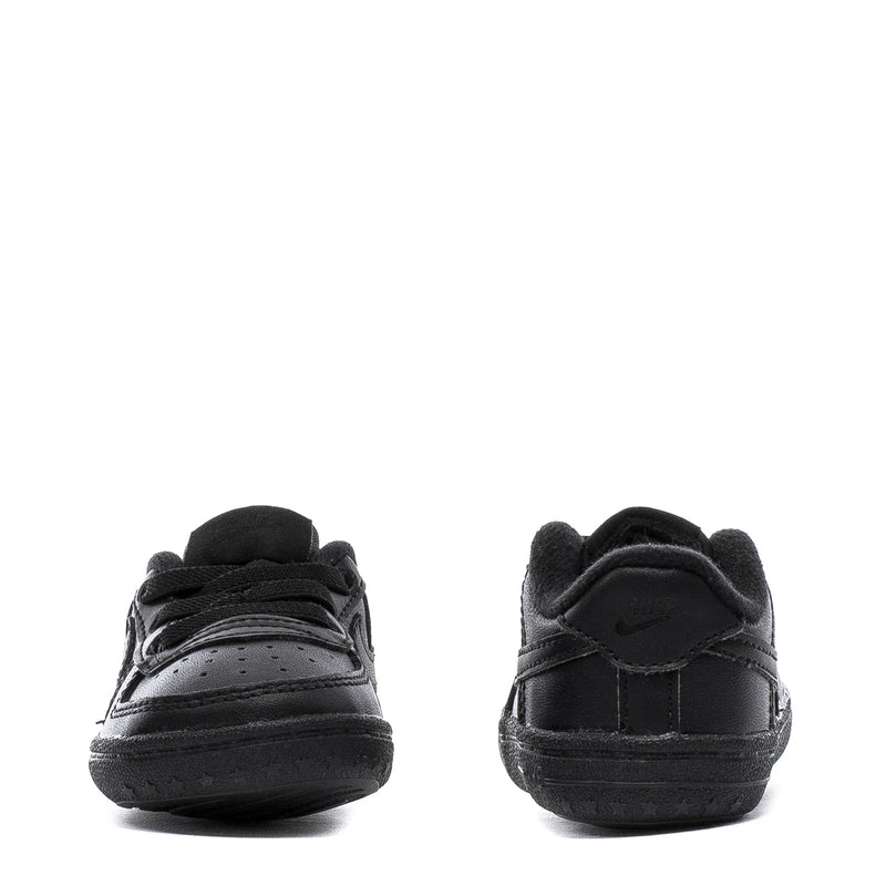 Infant black low-top sneaker heel view with lace-up front and padded collar