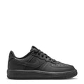 Kids' black Nike Air Force 1 low-top sneaker, side view with lace-up front
