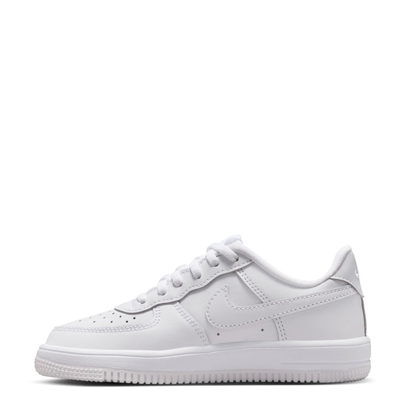 Kids low-top white sneakers with perforated toe and lace-up front