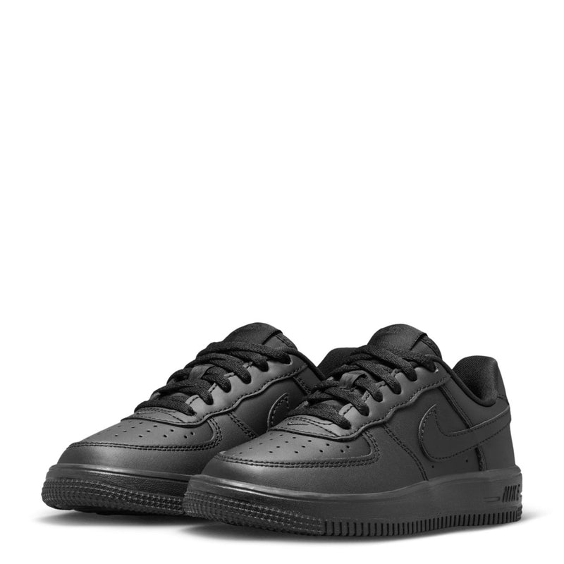 Kids' black Nike Air Force 1 low-top sneakers, front and side pair view