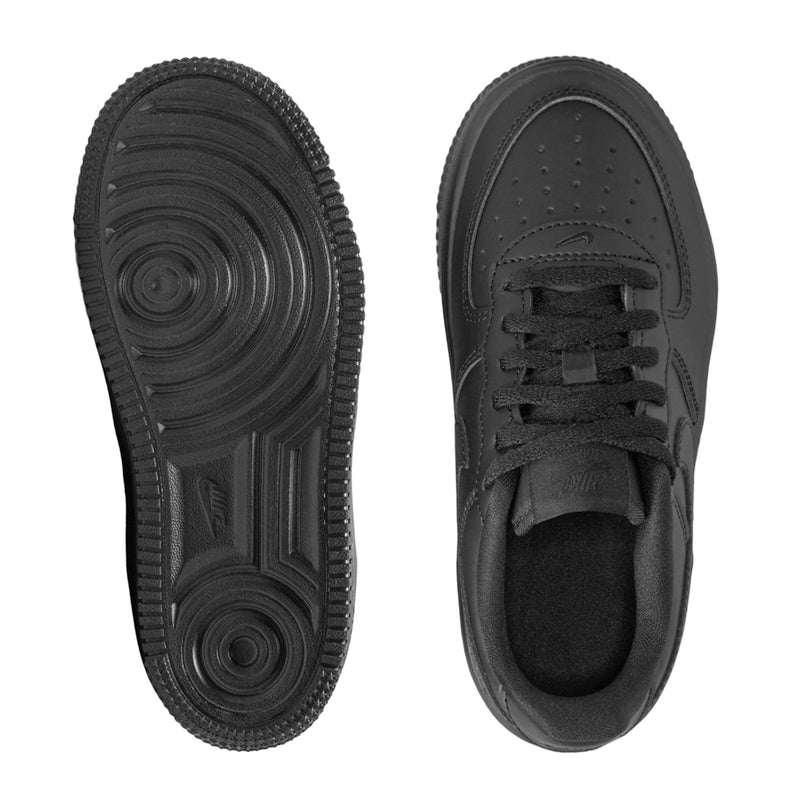 Kids' black Nike Air Force 1 low-top sneaker soles, tread and outsole view