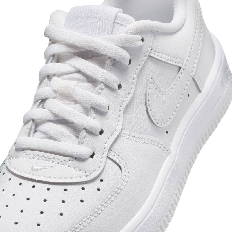 Kids white Air Force 1-style sneaker with laces, stitching, and swoosh