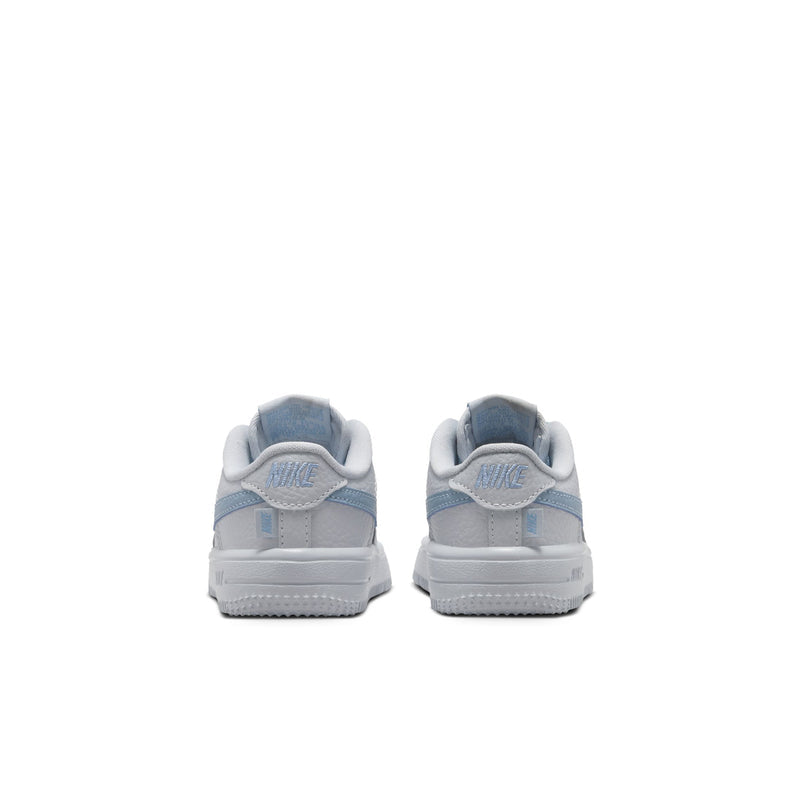 Toddler low-top sneakers, heel view, light gray with blue accents and cushioned collar