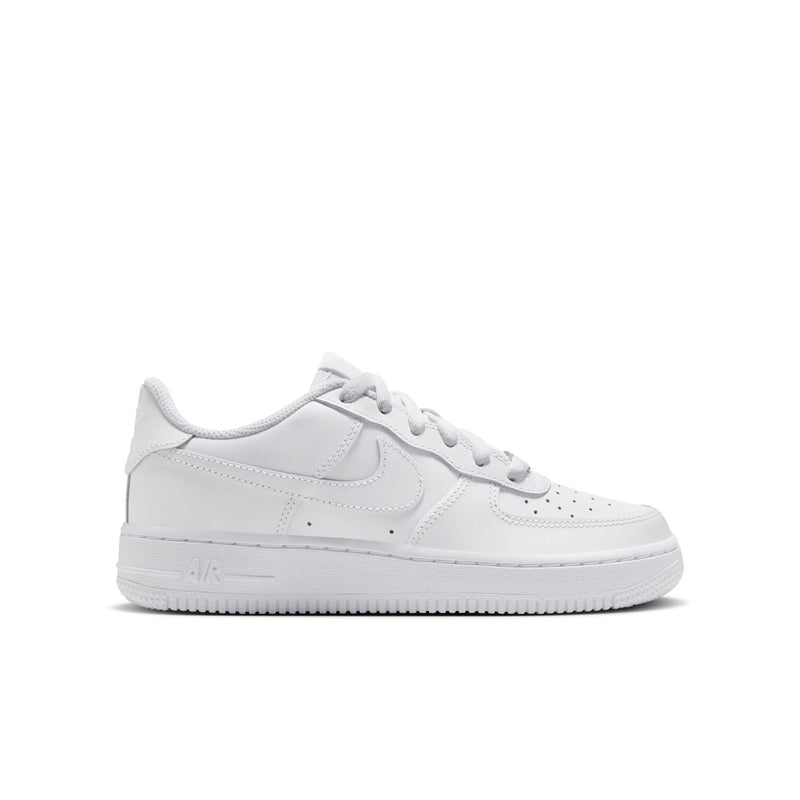 Youth low-top sneaker, white leather upper with Nike swoosh and lace-up