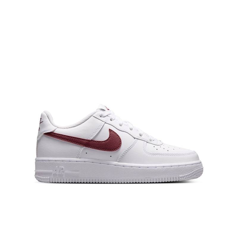 Youth low-top sneakers, white with burgundy Nike Swoosh and maroon strap