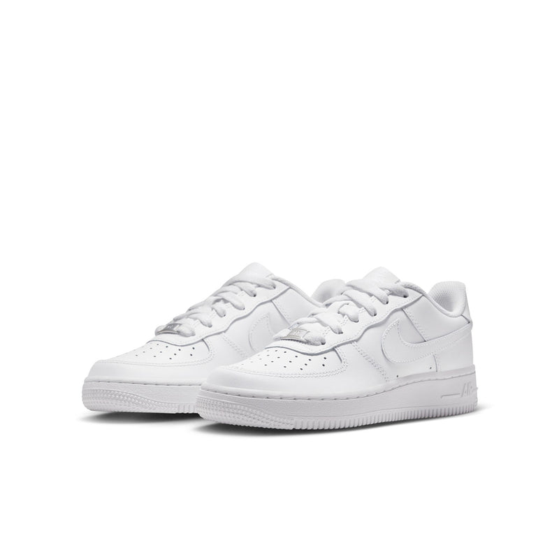 Pair of youth low-top sneakers, white leather with Nike swoosh and lace-up
