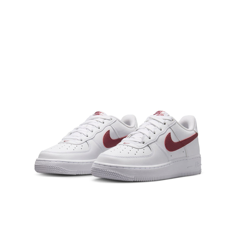 Youth low-top sneakers, two pairs in white with burgundy Swoosh and laces