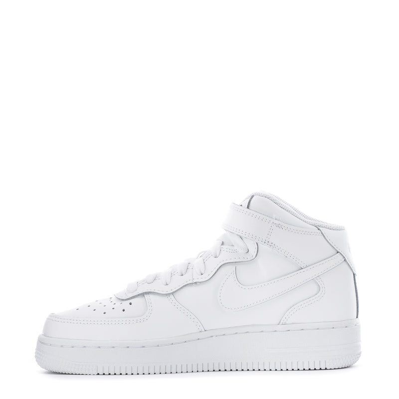 Youth white high-top sneaker with lace-up closure, Swoosh logo and perforated toe