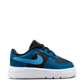 Toddler Nike sneakers in blue and black with white rubber sole and swoosh