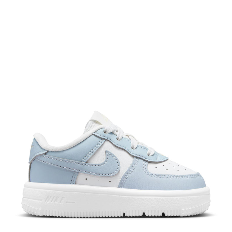 Toddler Nike Air Force 1 sneakers, light blue and white leather, lace-up side view
