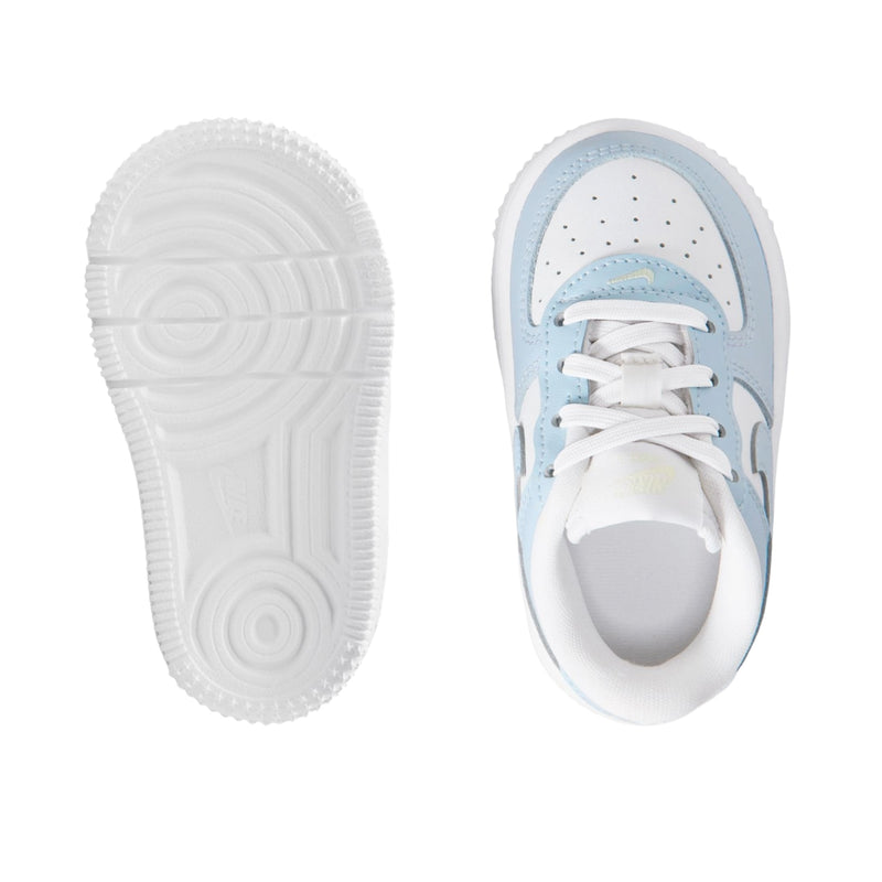 Toddler Nike Air Force 1 sneakers: tread outsole and top view, light blue and white