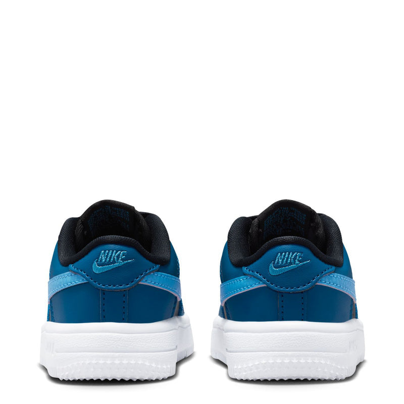 Toddler Nike sneakers heel view, black and blue uppers with white sole