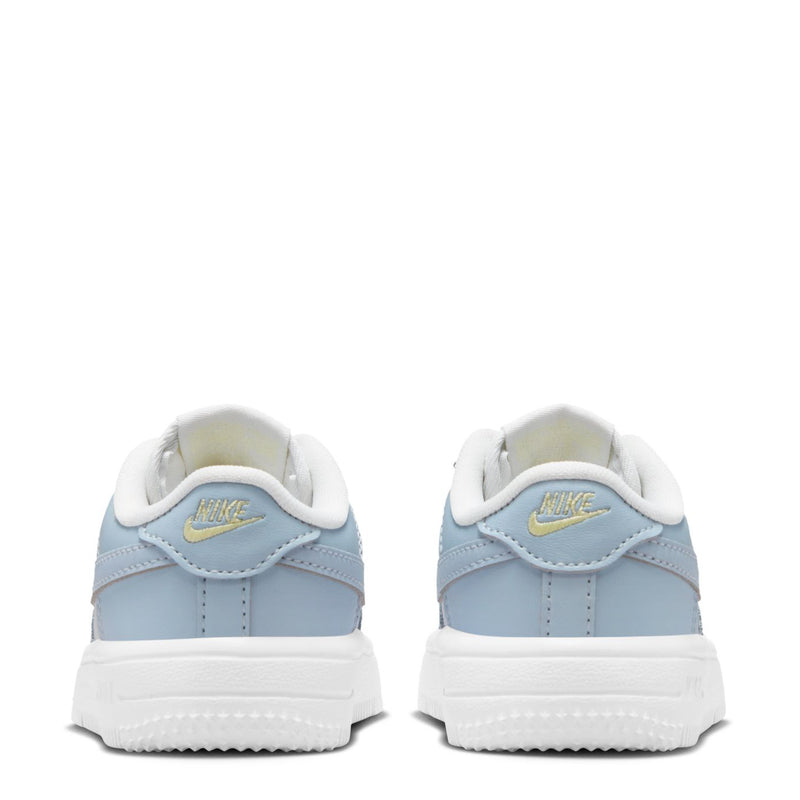 Toddler Nike Air Force 1 sneakers, light blue and white, heel back view