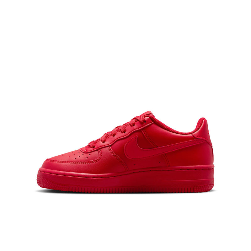 Red youth low-top lace-up sneaker side view with Nike swoosh