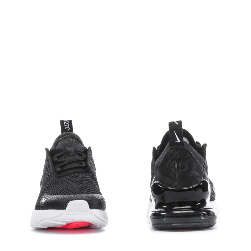 Kids black mesh sneakers, rear view with pull tab, Swoosh, and Air unit sole