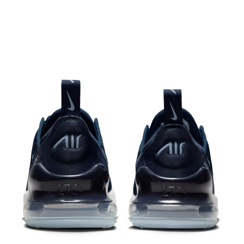 Kids Nike running sneaker, rear view with navy heel tab and translucent air unit