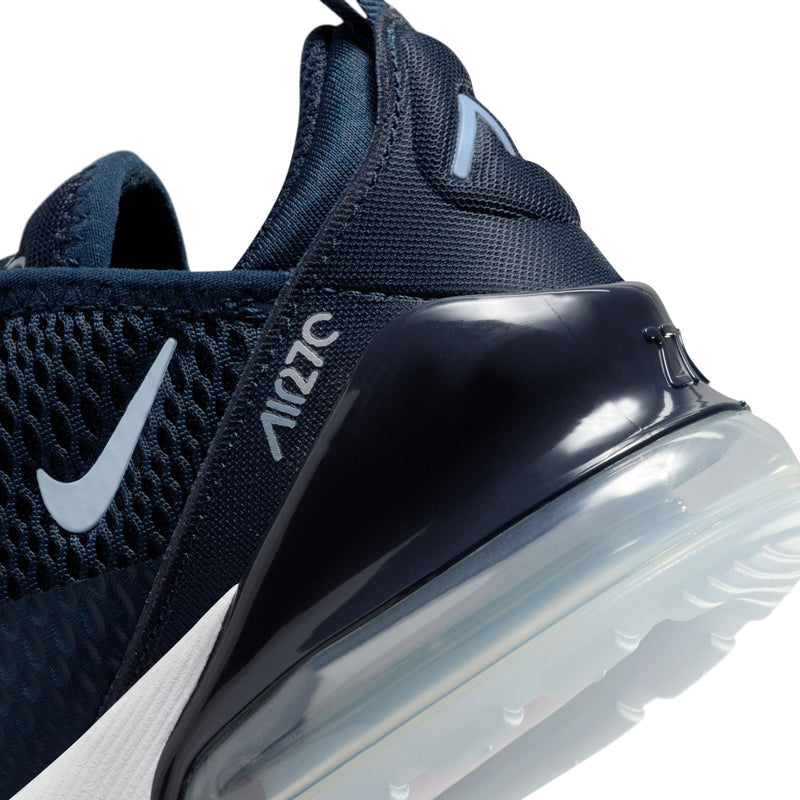 Kids Nike sneaker close-up, navy heel with '270' detail and glossy air window