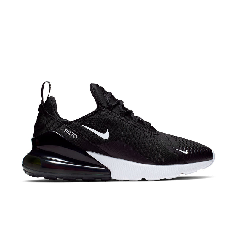 Men's Air Max 270 sneakers in black mesh, white sole, dark air unit with red accent