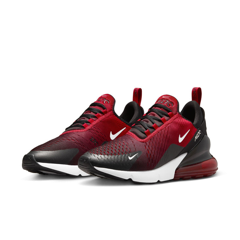 Pair of men's Nike Air sneakers, red knit uppers with black accents and white midsoles.