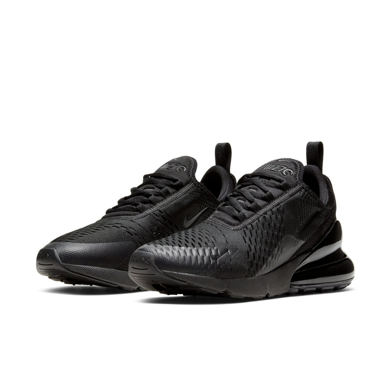 Men's black Air Max 270 running shoe, side view with swoosh and air unit
