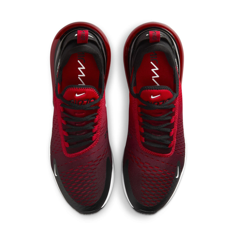 Men's Nike Air sneakers, front view with red textured knit and black toe caps.