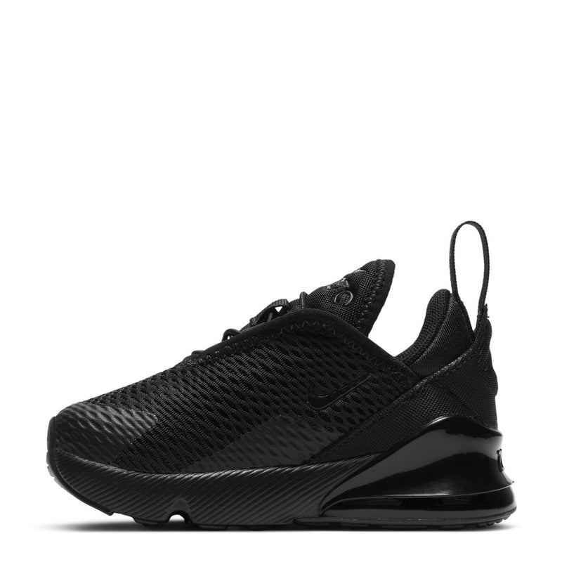 Black toddler Nike Air Max 270 sneakers, side view, mesh upper, lace-up, glossy midsole