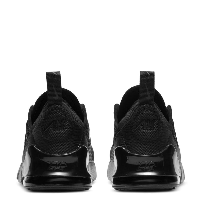 Black toddler Nike Air Max 270 sneakers, heel view, padded collar, pull tab, glossy back