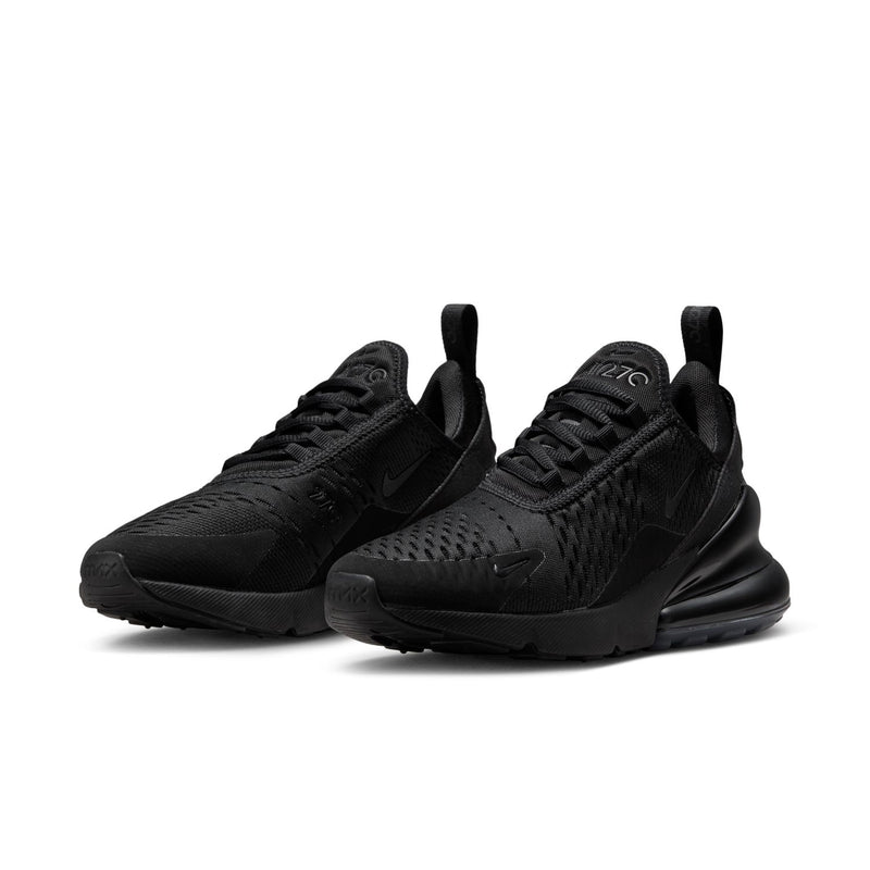 Women's black Nike Air Max 270 sneakers, side-by-side view, laces and Air unit