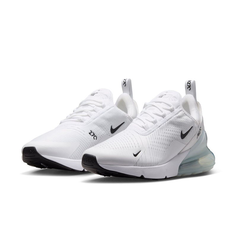 Women’s Air Max 270 sneakers, white upper with black Swoosh and cushioned air sole