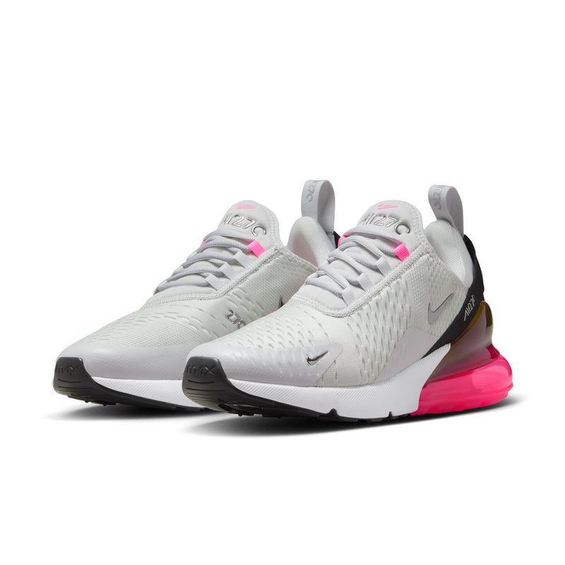 Women’s Nike Air Max 270 sneakers, light gray knit upper with pink and black details