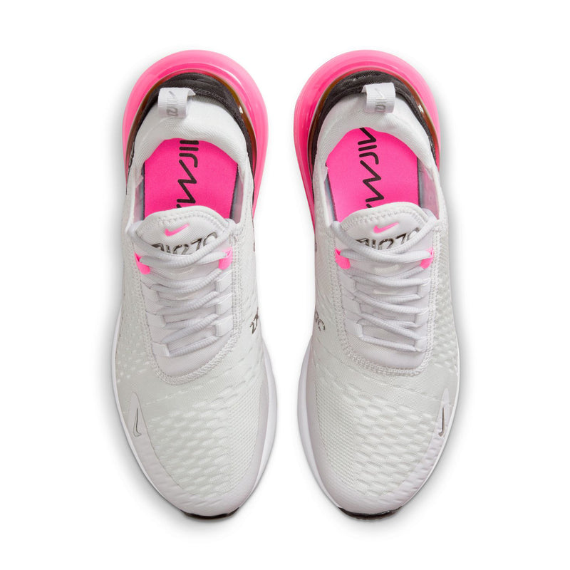 Women’s Nike Air Max 270 sneakers pair, light gray uppers with pink inner lining