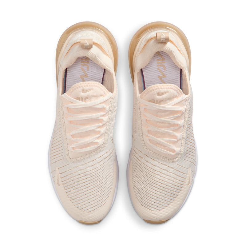 Women’s Air Max 270 shoes viewed from above, cream laces and padded tongue
