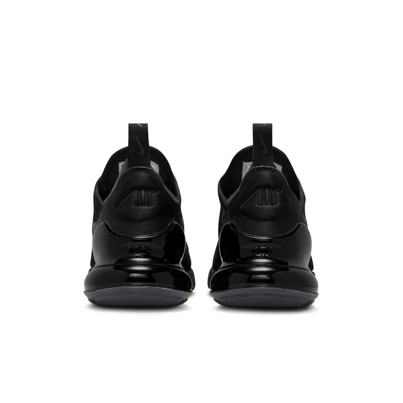 Women's black Nike Air Max 270 sneakers, rear view with heel tab and Air unit