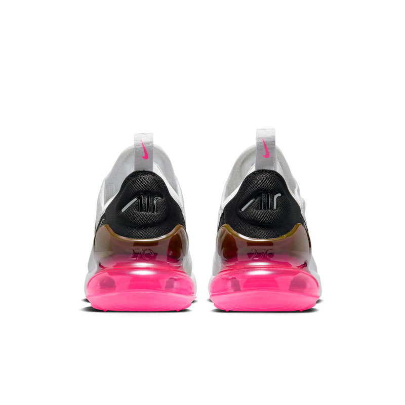 Women’s Nike Air Max 270 sneakers heel view with bright pink translucent Air unit
