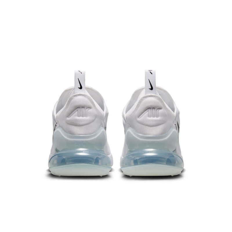 Air Max 270 sneakers with white heel panels and translucent blue-tinted air sole